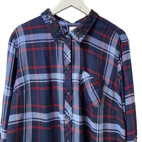 TERRA & SKY Boyfriend Shirt Size 1X Blue Plaid Rayon Button up Embroidered Colla - Picture 2 of 10
